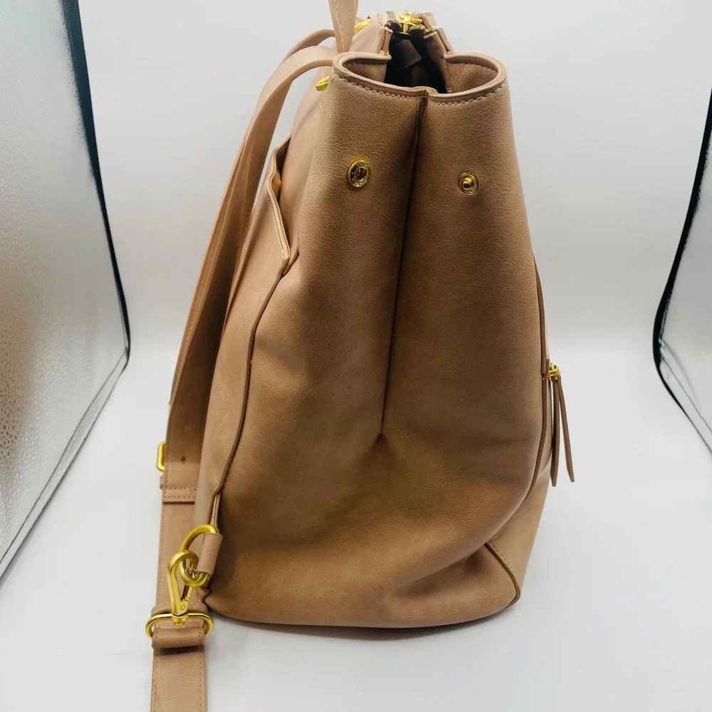 FAWN Square Backpack Diaper Bag Tan Faux Leather Gold Tone Hardware
